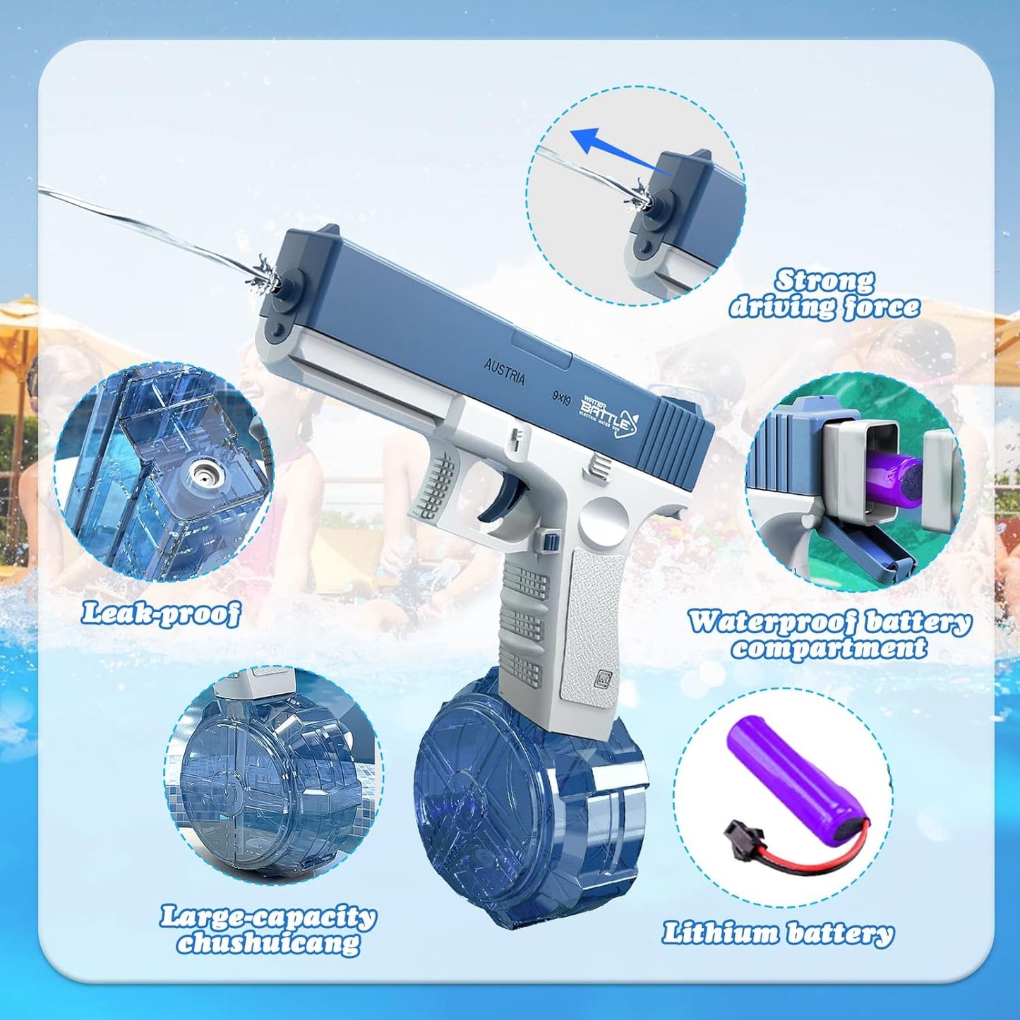 Pistola de agua eléctrica para adultos, pistola de agua alimentada por batería, pistola de agua automática recargable, rango de capacidad de hasta 32 pies para adultos y niños, azul