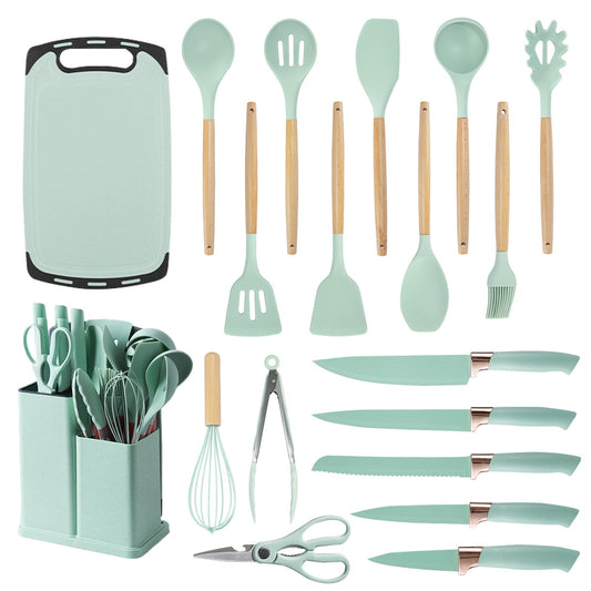 Set Piezas Juego De Utensilios De Cocina De Madera, Silicona y Acero Inox + Soporte De Alta Estética BPA free antiadherente resistente al calor.