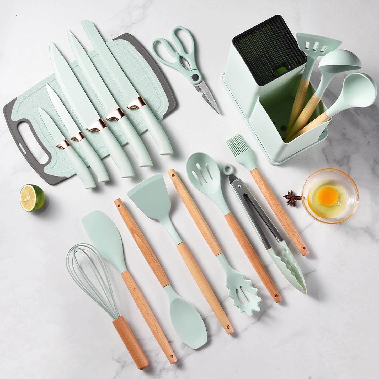 Set Piezas Juego De Utensilios De Cocina De Madera, Silicona y Acero Inox + Soporte De Alta Estética BPA free antiadherente resistente al calor.